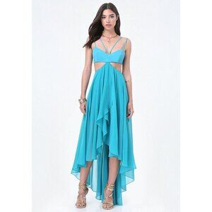 NWT Bebe Turquoise Fairy Asymmetrical Hem Cutout Sexy Dress Sz 00 Beach Vacation
